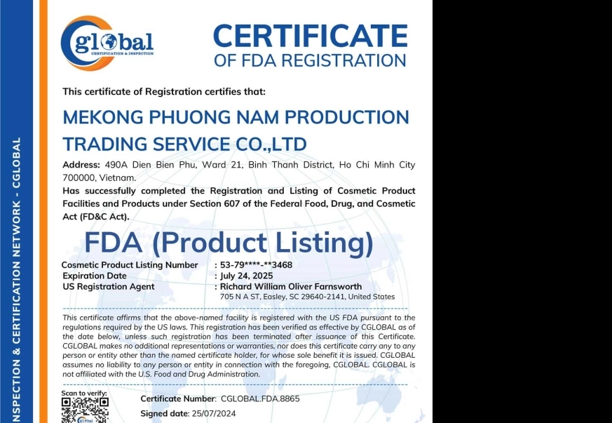 CERTIFICATE OF FDA REGISTRATION - FDA CERTIFICATE FOR ENTERPRISES EXPORTING TO THE US MARKET